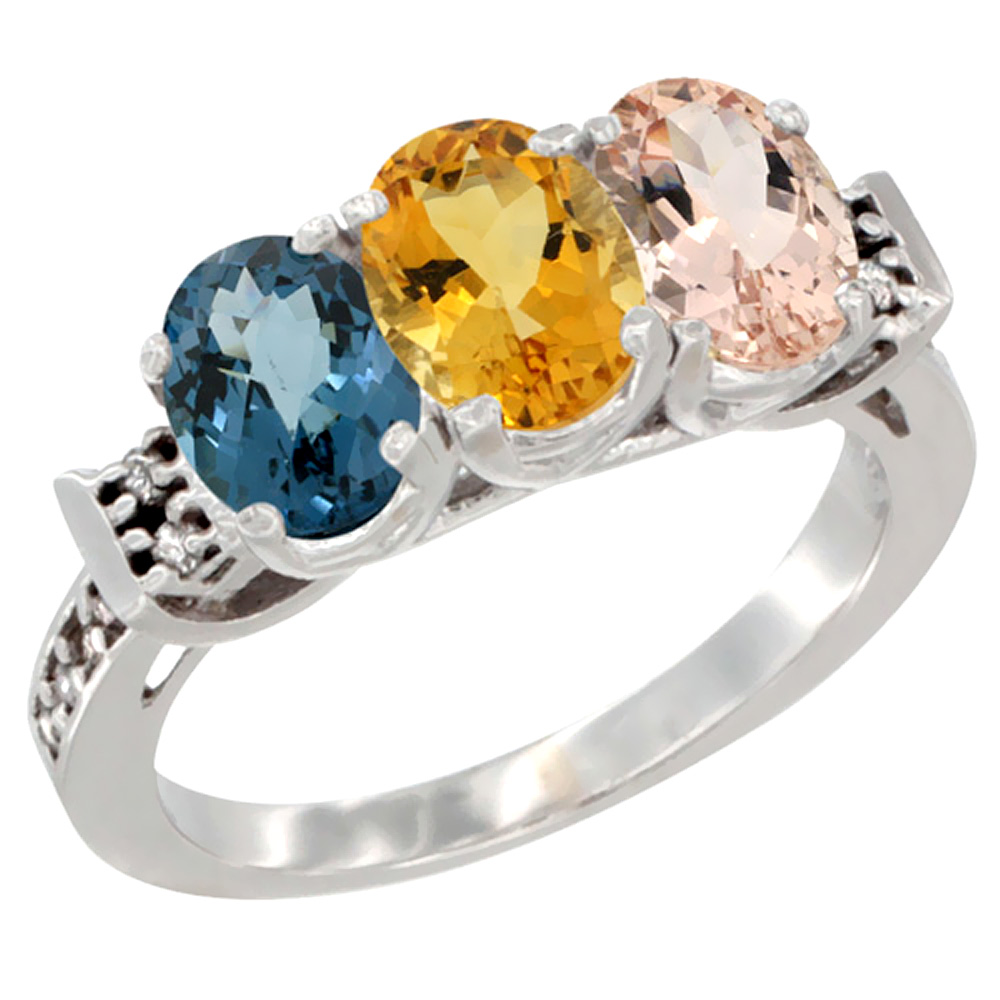 10K White Gold Natural London Blue Topaz, Citrine & Morganite Ring 3-Stone Oval 7x5 mm Diamond Accent, sizes 5 - 10