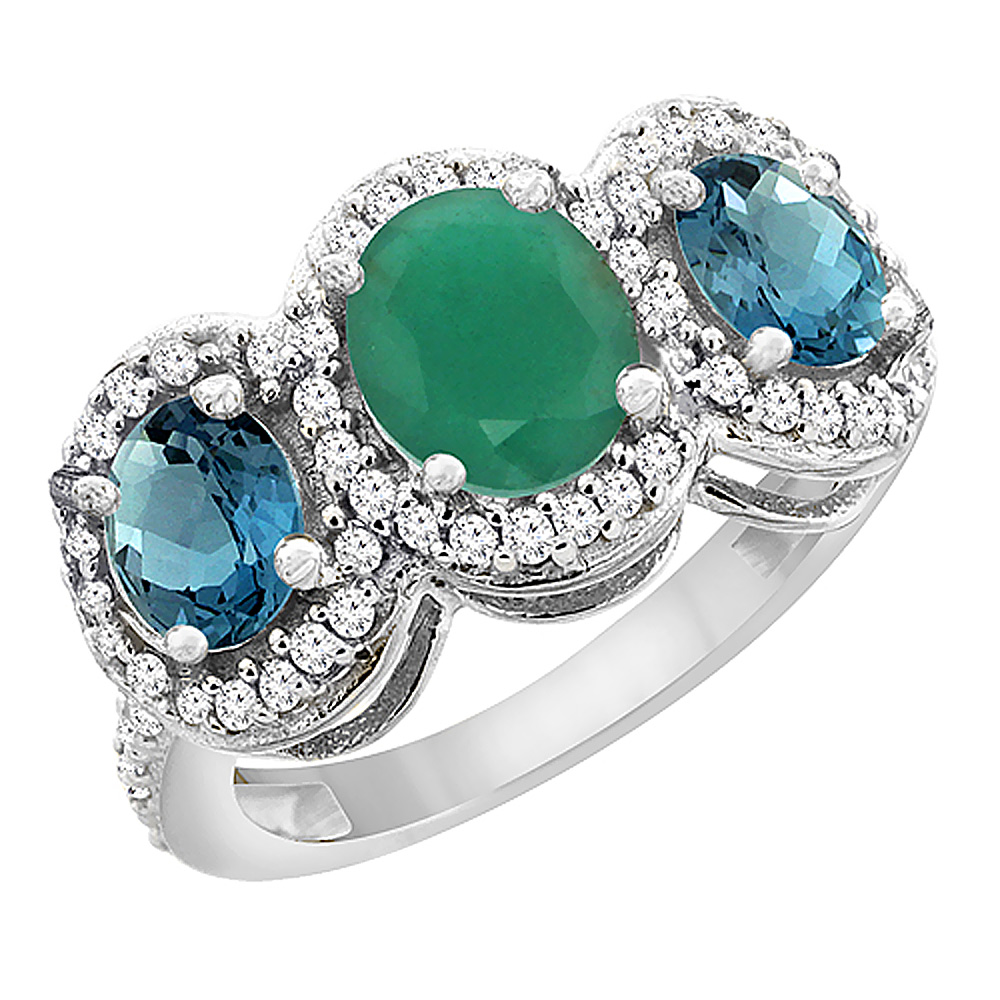 14K White Gold Natural Cabochon Emerald &amp; London Blue Topaz 3-Stone Ring Oval Diamond Accent, sizes 5 - 10
