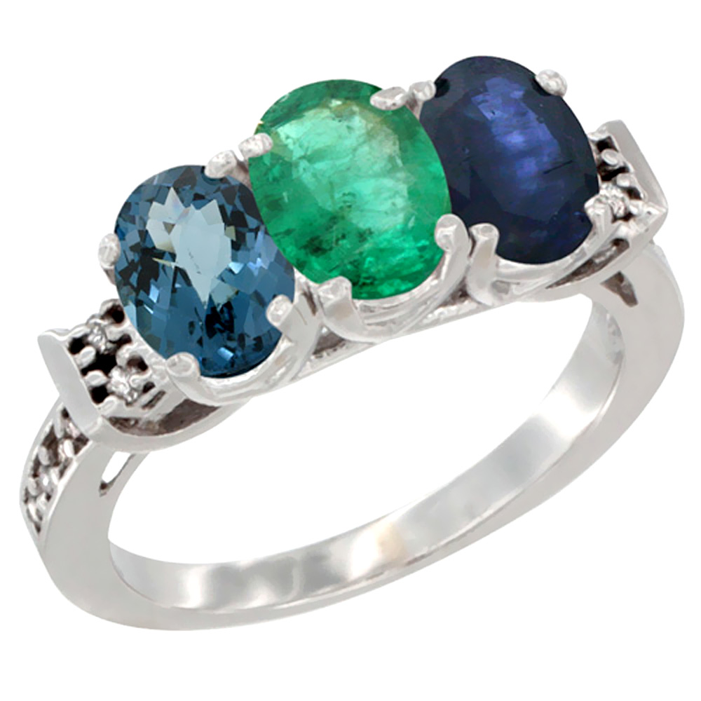 10K White Gold Natural London Blue Topaz, Emerald & Blue Sapphire Ring 3-Stone Oval 7x5 mm Diamond Accent, sizes 5 - 10