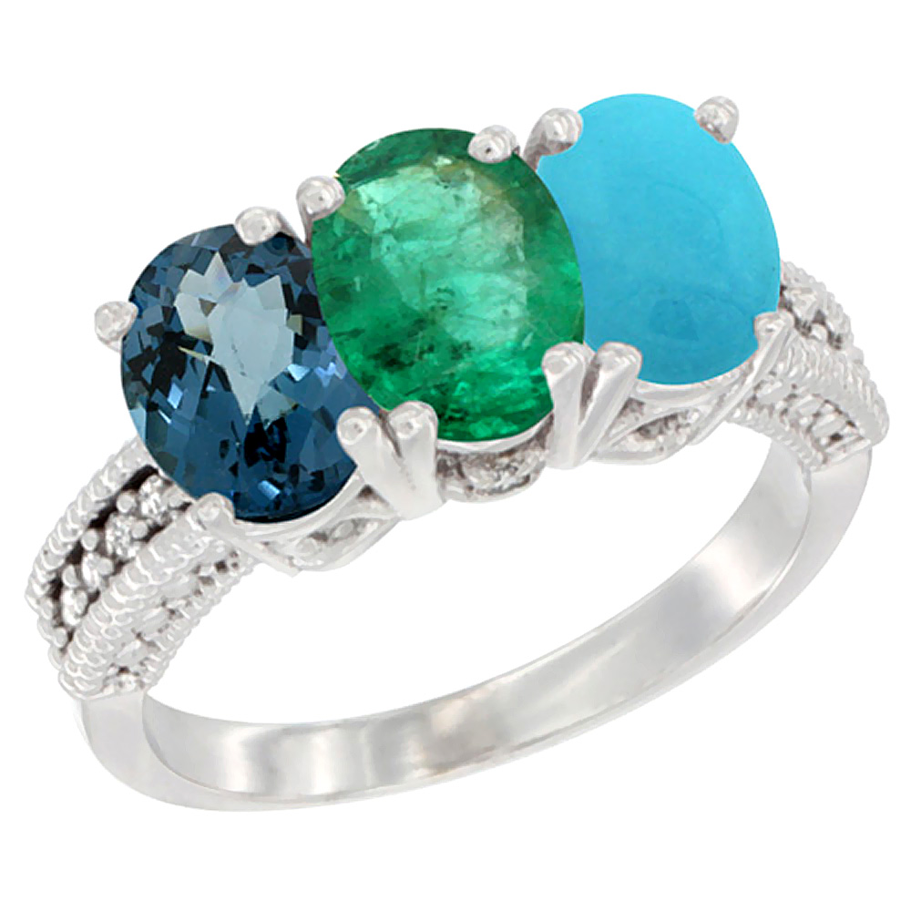 10K White Gold Natural London Blue Topaz, Emerald & Turquoise Ring 3-Stone Oval 7x5 mm Diamond Accent, sizes 5 - 10