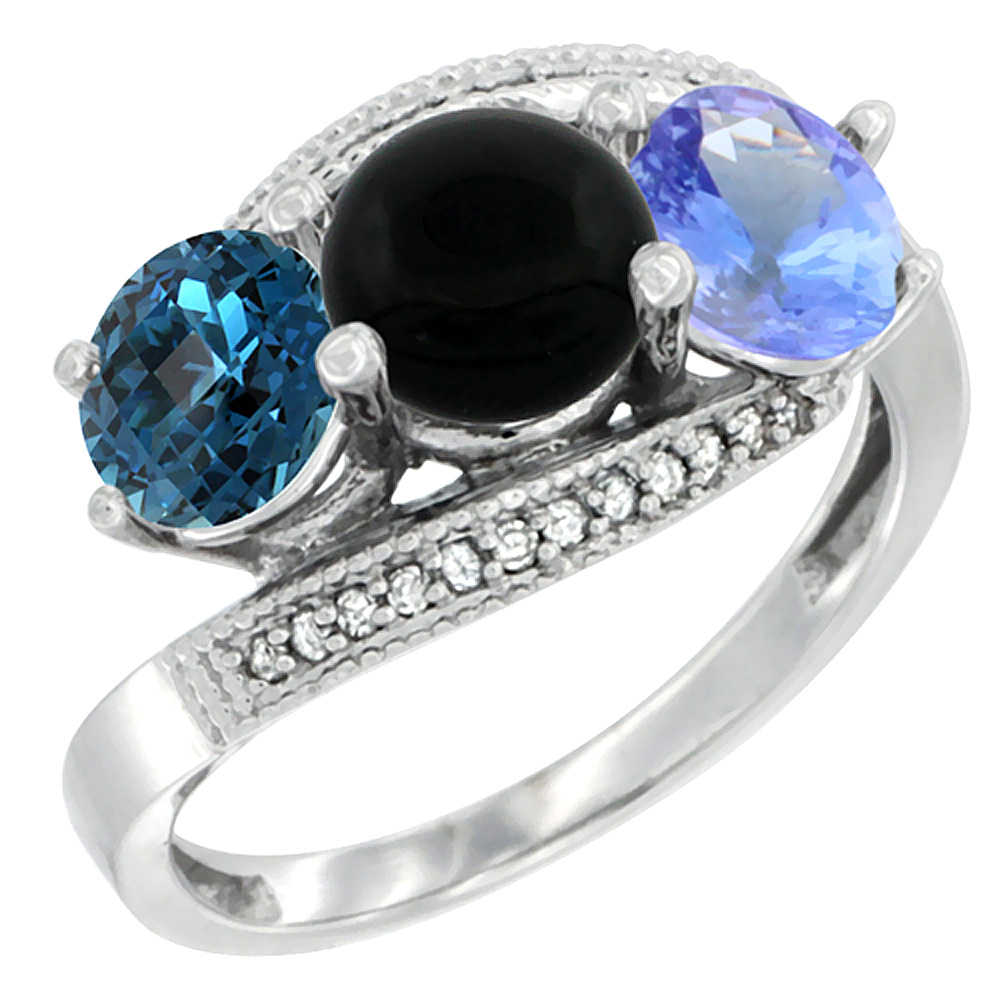 10K White Gold Natural London Blue Topaz, Black Onyx &amp; Tanzanite 3 stone Ring Round 6mm Diamond Accent, sizes 5 - 10