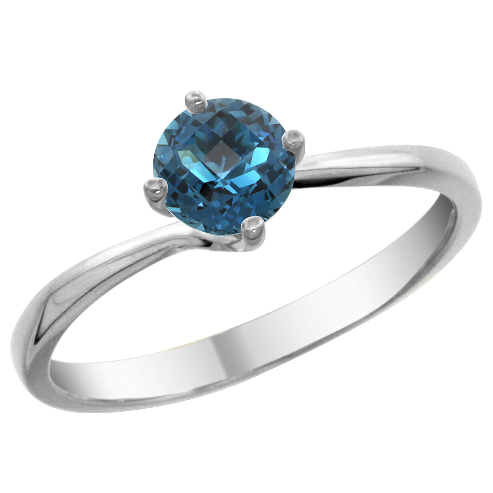 14K White Gold Natural London Blue Topaz Solitaire Ring Round 6mm, sizes 5 - 10