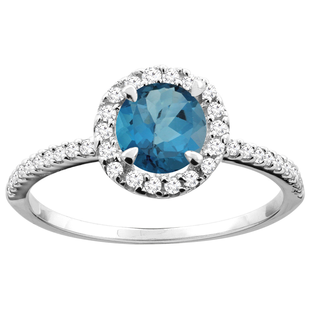 10K Gold Natural London Blue Topaz Ring Round 6mm Diamond Accents, sizes 5 - 10