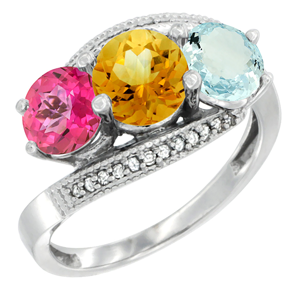 10K White Gold Natural Pink Topaz, Citrine & Aquamarine 3 stone Ring Round 6mm Diamond Accent, sizes 5 - 10