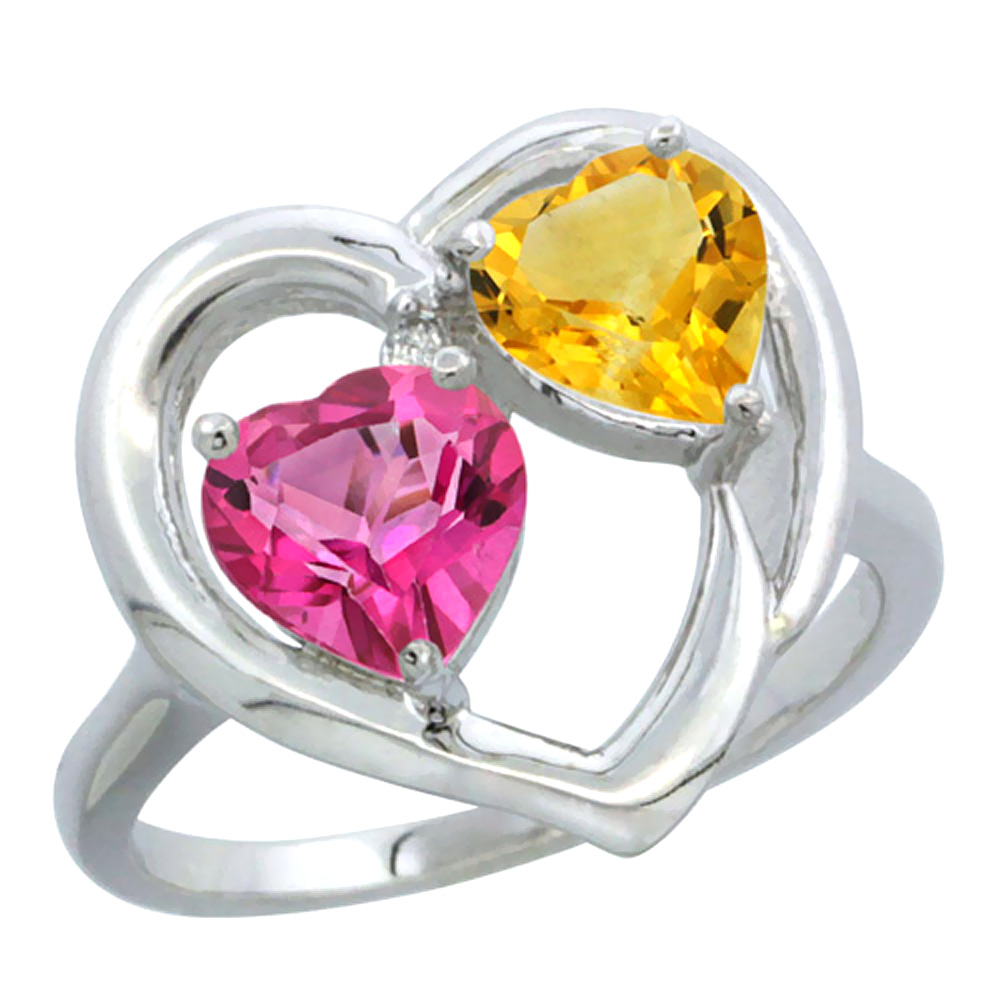 14K White Gold Diamond Two-stone Heart Ring 6 mm Natural Pink Topaz &amp; Citrine, sizes 5-10