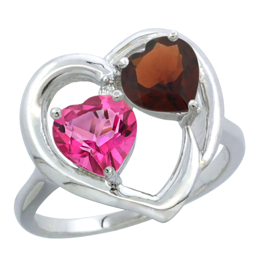 10K White Gold Diamond Two-stone Heart Ring 6 mm Natural Pink Topaz &amp; Garnet, sizes 5-10