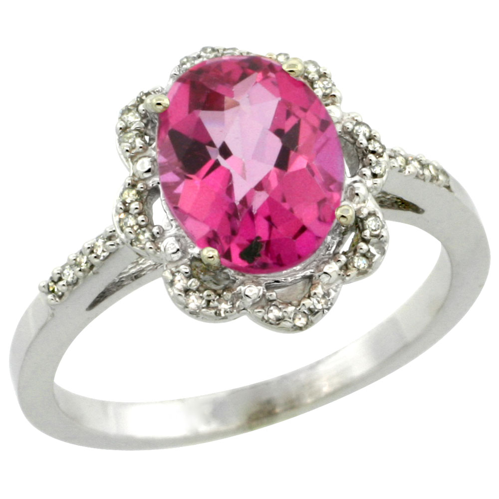 10K White Gold Diamond Halo Natural Pink Topaz Engagement Ring Oval 9x7mm, sizes 5-10