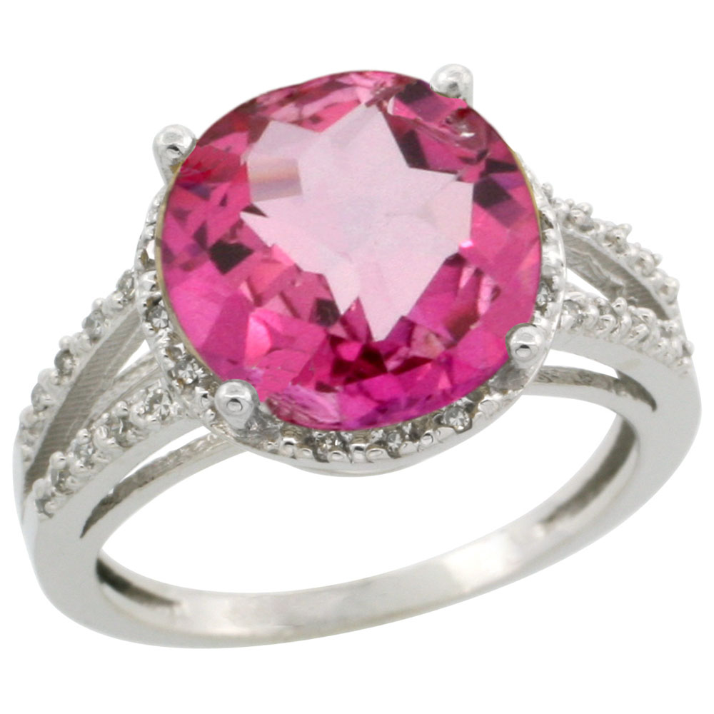 10K White Gold Diamond Natural Pink Topaz Ring Round 11mm, sizes 5-10