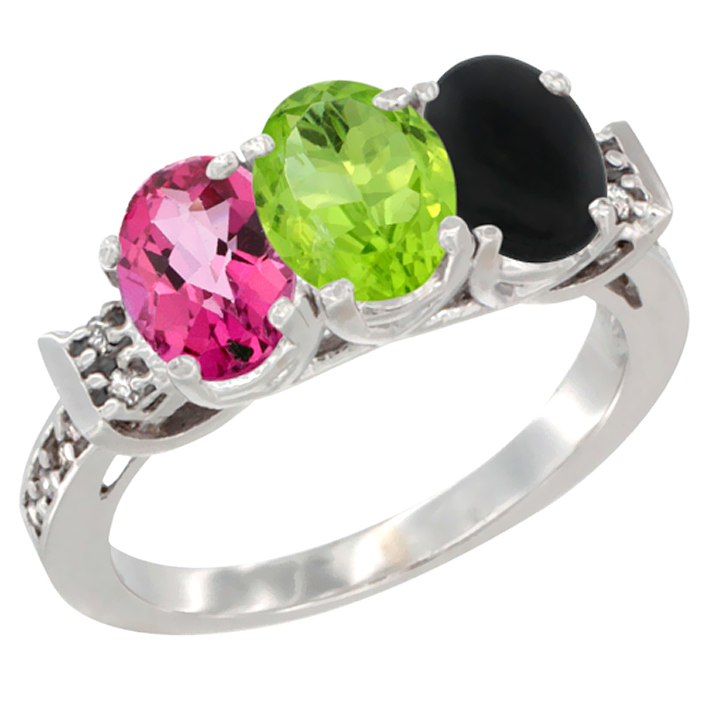 10K White Gold Natural Pink Topaz, Peridot & Black Onyx Ring 3-Stone Oval 7x5 mm Diamond Accent, sizes 5 - 10