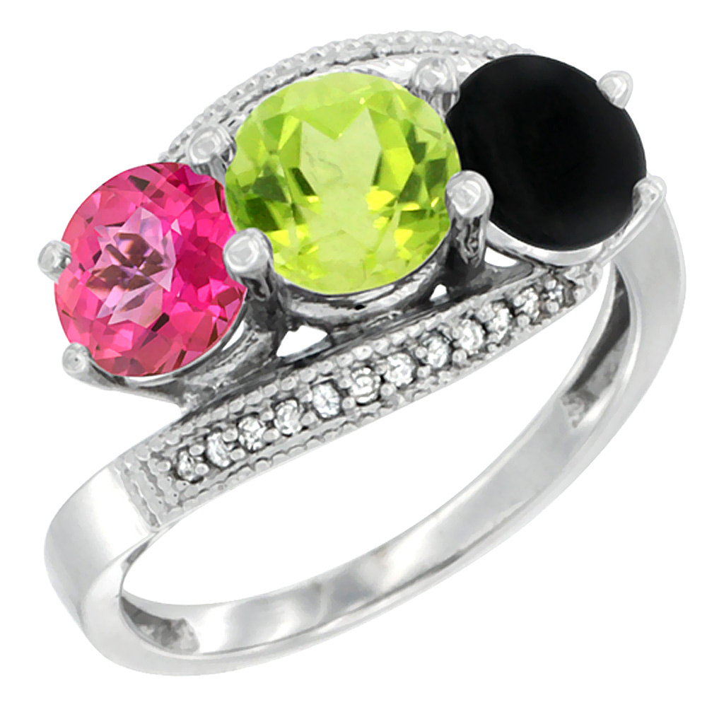 10K White Gold Natural Pink Topaz, Peridot & Black Onyx 3 stone Ring Round 6mm Diamond Accent, sizes 5 - 10