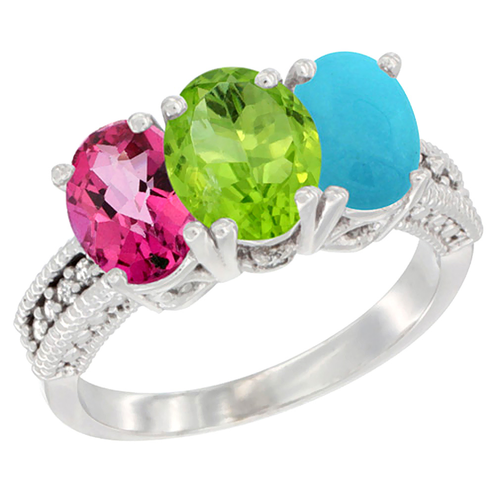 14K White Gold Natural Pink Topaz, Peridot &amp; Turquoise Ring 3-Stone 7x5 mm Oval Diamond Accent, sizes 5 - 10