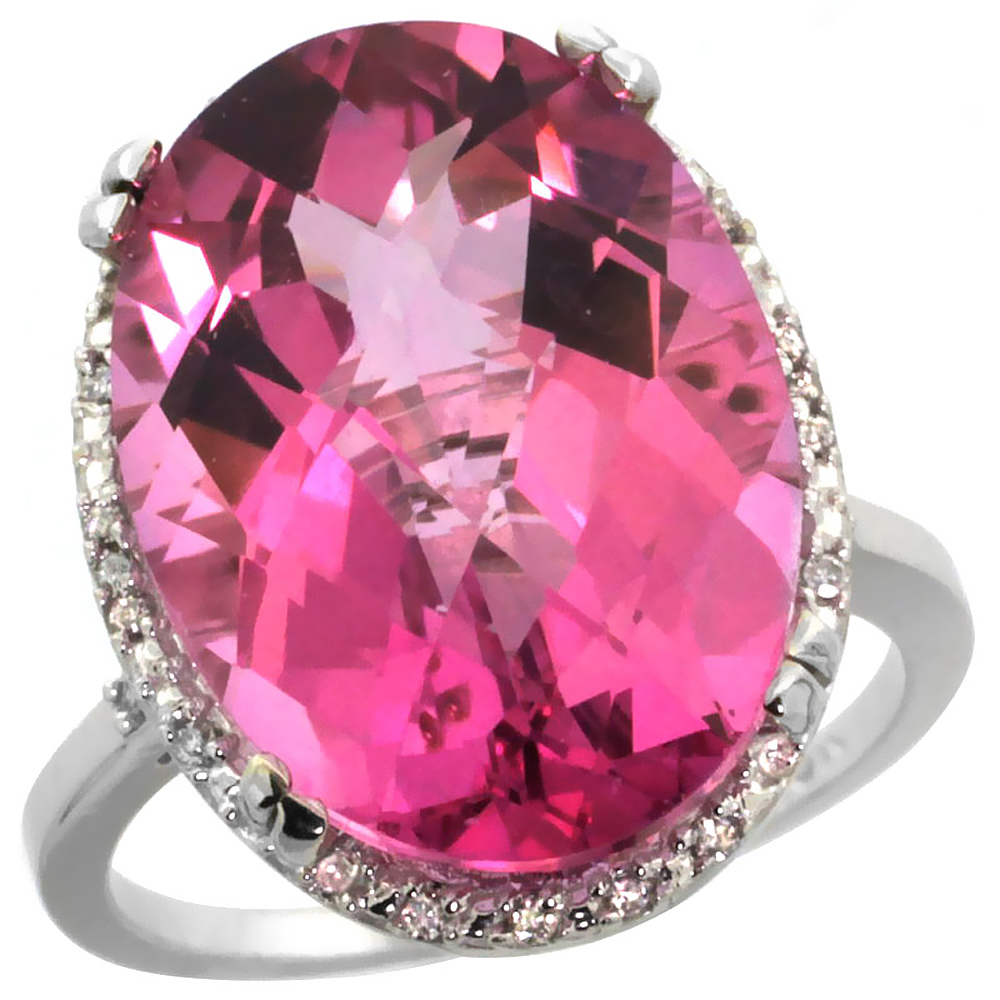 10k White Gold Natural Pink Topaz Ring Large Oval 18x13mm Diamond Halo, sizes 5-10