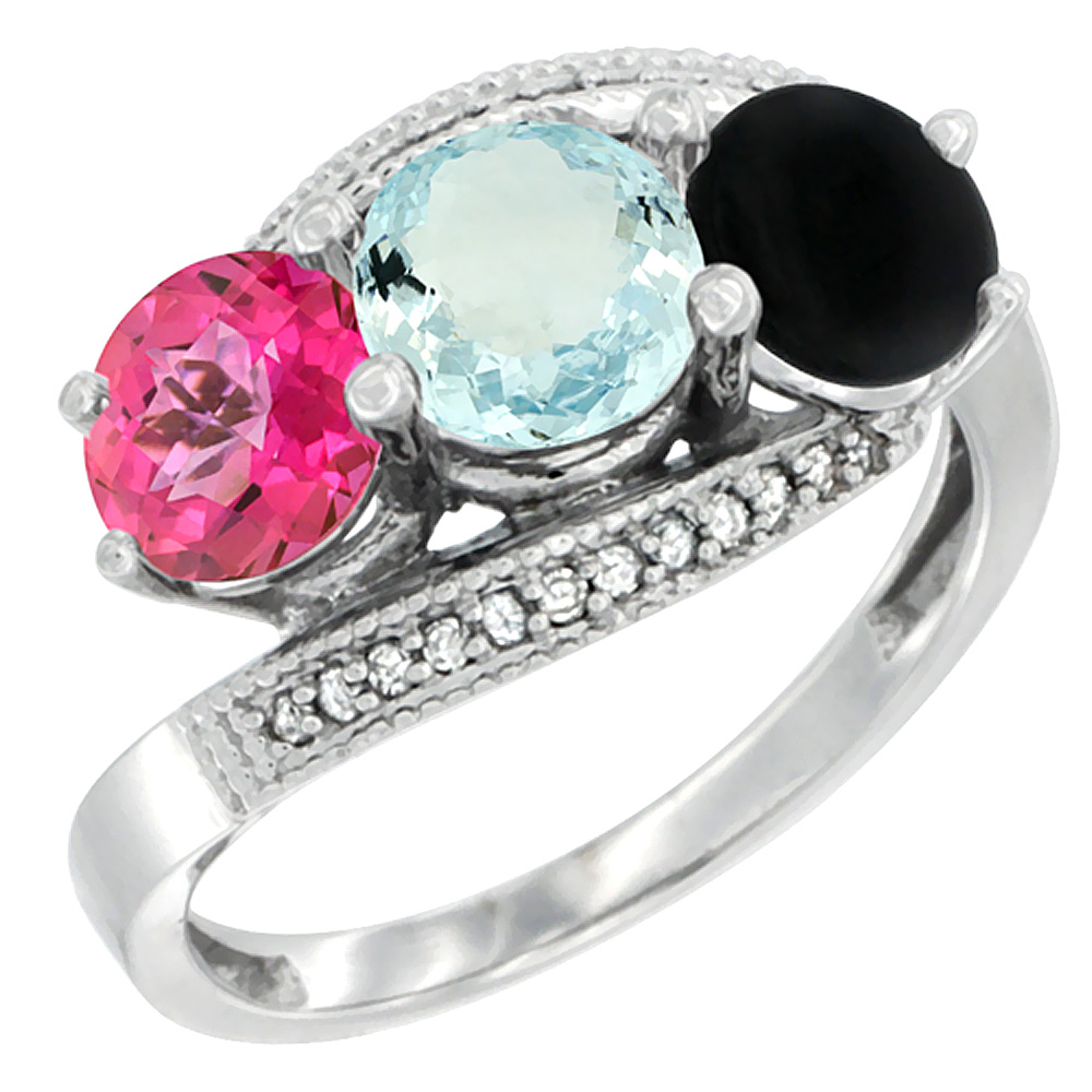 14K White Gold Natural Pink Topaz, Aquamarine &amp; Black Onyx 3 stone Ring Round 6mm Diamond Accent, sizes 5 - 10