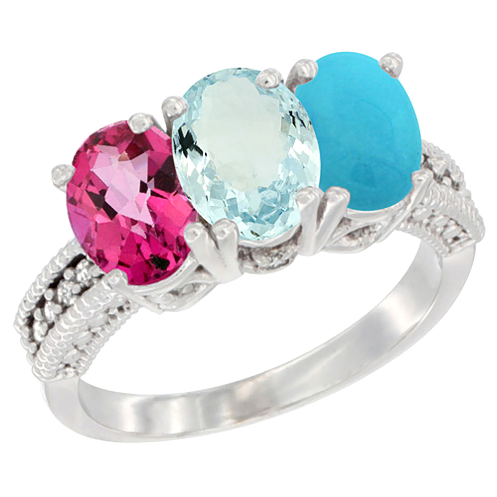 14K White Gold Natural Pink Topaz, Aquamarine &amp; Turquoise Ring 3-Stone 7x5 mm Oval Diamond Accent, sizes 5 - 10