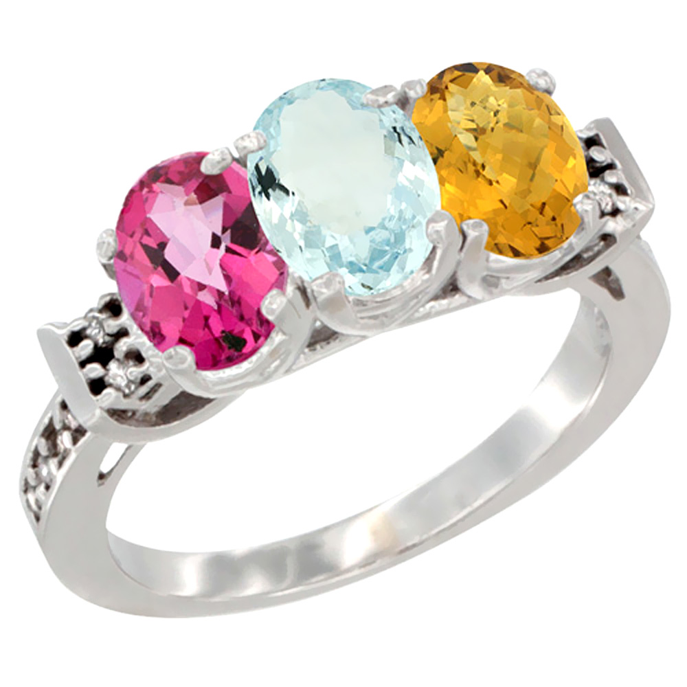 14K White Gold Natural Pink Topaz, Aquamarine &amp; Whisky Quartz Ring 3-Stone 7x5 mm Oval Diamond Accent, sizes 5 - 10