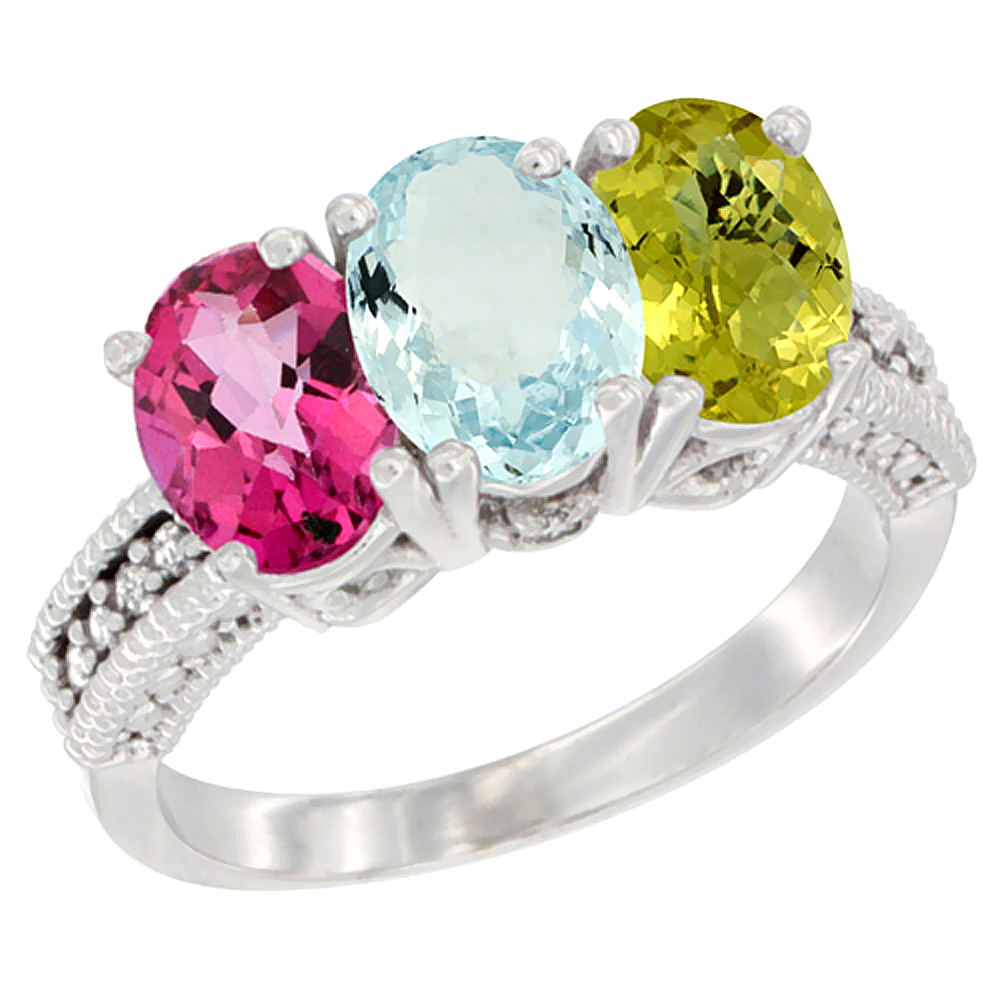 14K White Gold Natural Pink Topaz, Aquamarine &amp; Lemon Quartz Ring 3-Stone 7x5 mm Oval Diamond Accent, sizes 5 - 10