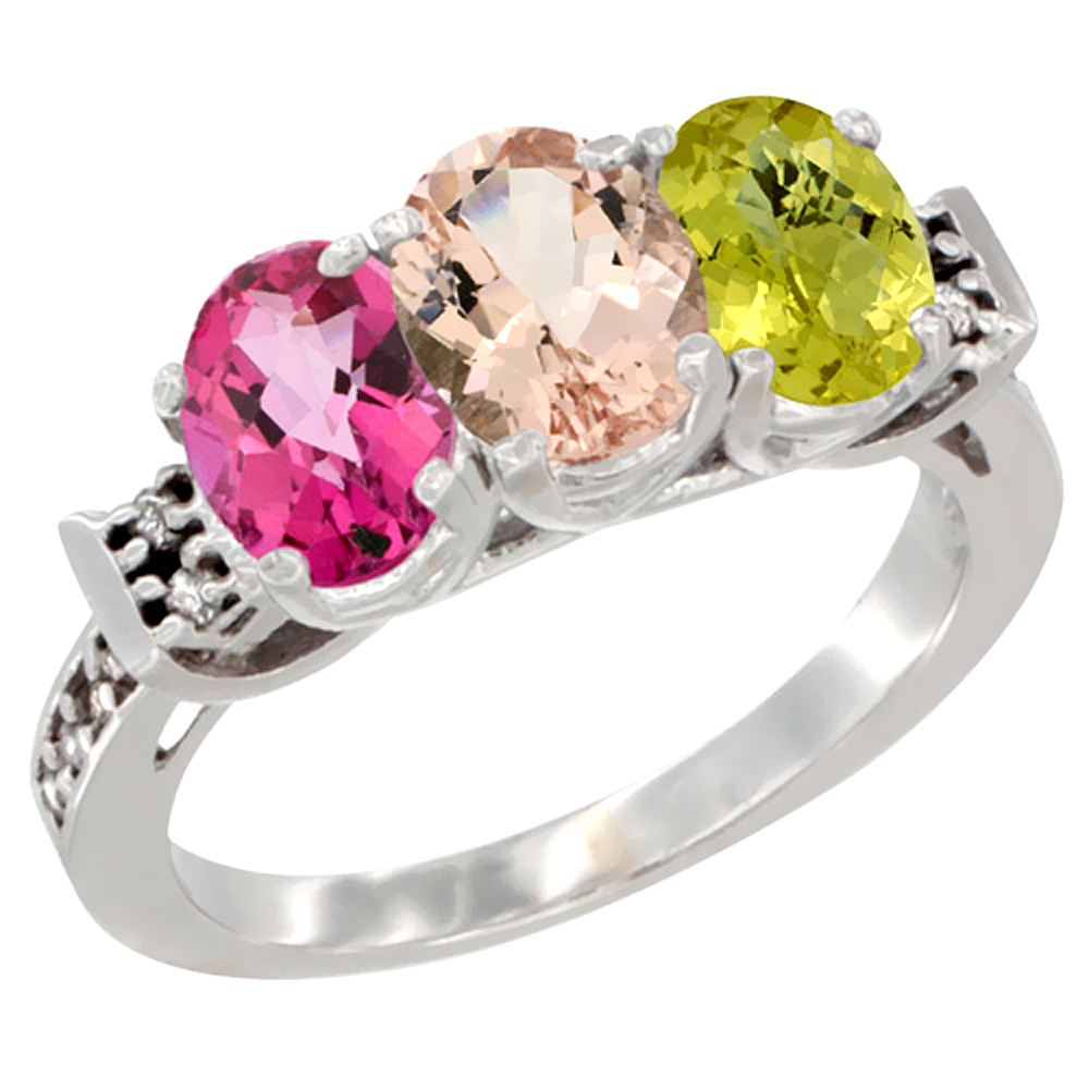 14K White Gold Natural Pink Topaz, Morganite & Lemon Quartz Ring 3-Stone 7x5 mm Oval Diamond Accent, sizes 5 - 10