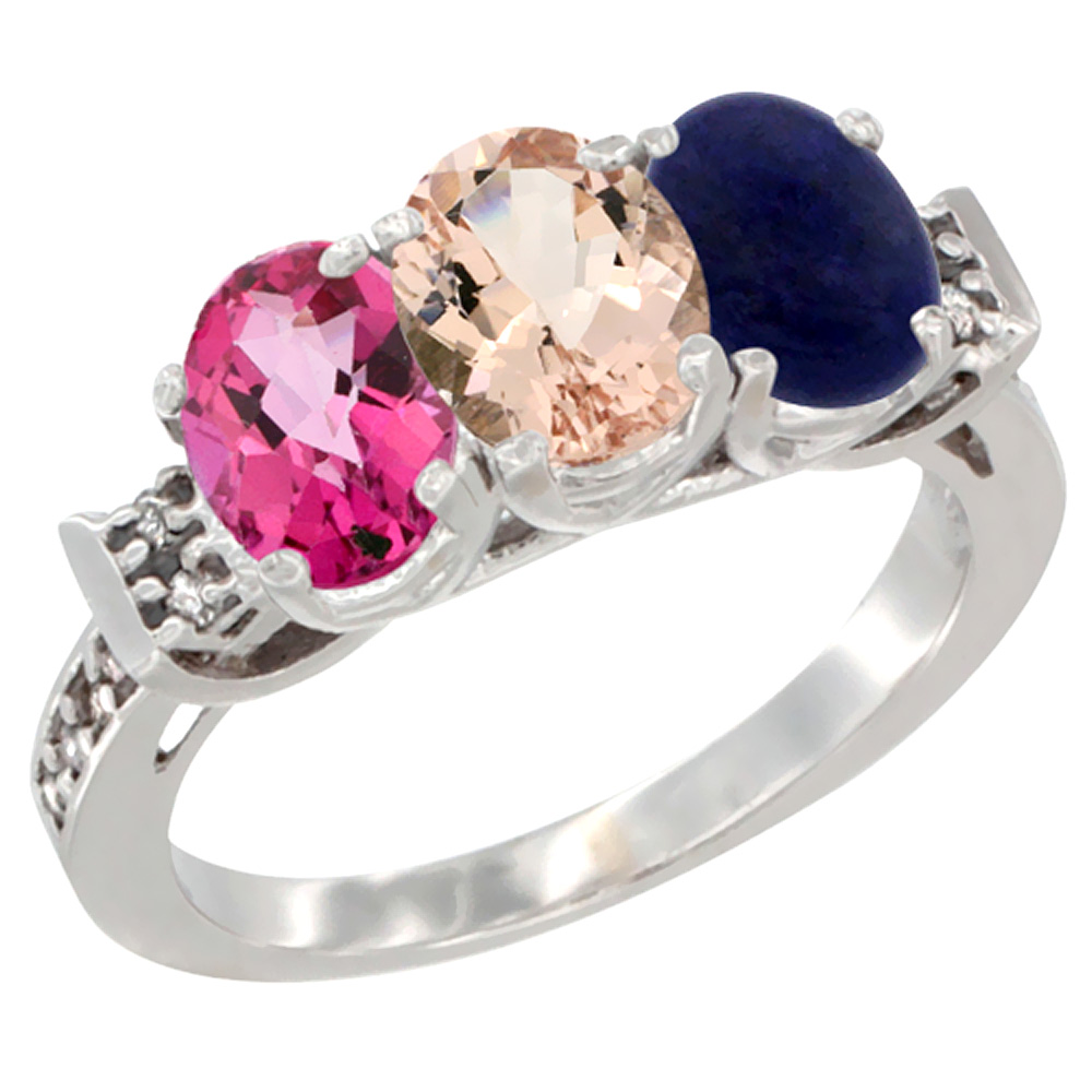 14K White Gold Natural Pink Topaz, Morganite & Lapis Ring 3-Stone 7x5 mm Oval Diamond Accent, sizes 5 - 10