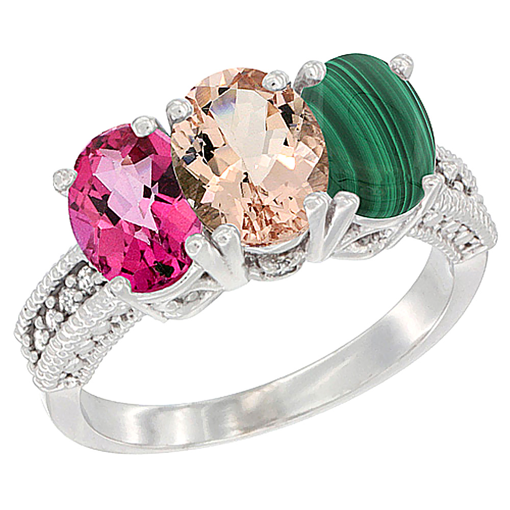 10K White Gold Natural Pink Topaz, Morganite & Malachite Ring 3-Stone Oval 7x5 mm Diamond Accent, sizes 5 - 10