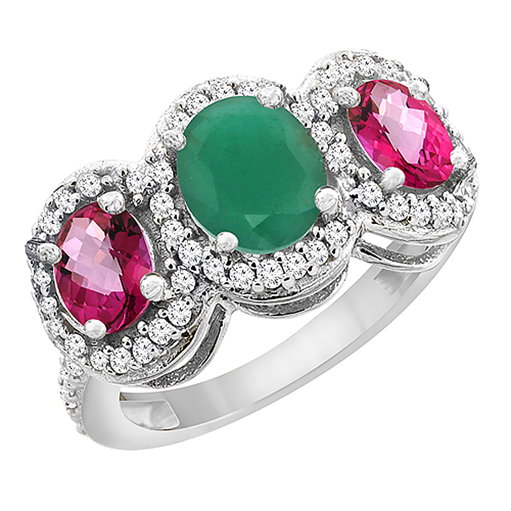 14K White Gold Natural Cabochon Emerald &amp; Pink Topaz 3-Stone Ring Oval Diamond Accent, sizes 5 - 10