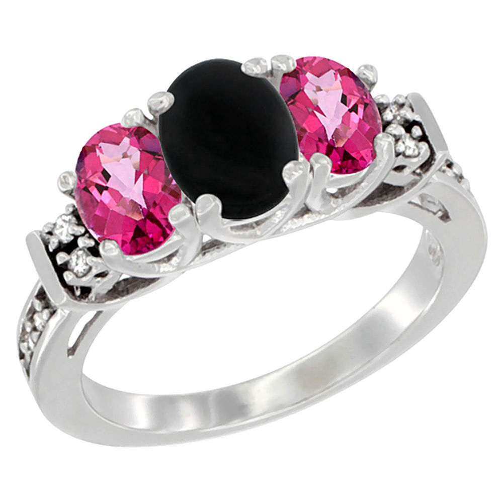 14K White Gold Natural Black Onyx & Pink Topaz Ring 3-Stone Oval Diamond Accent, sizes 5-10