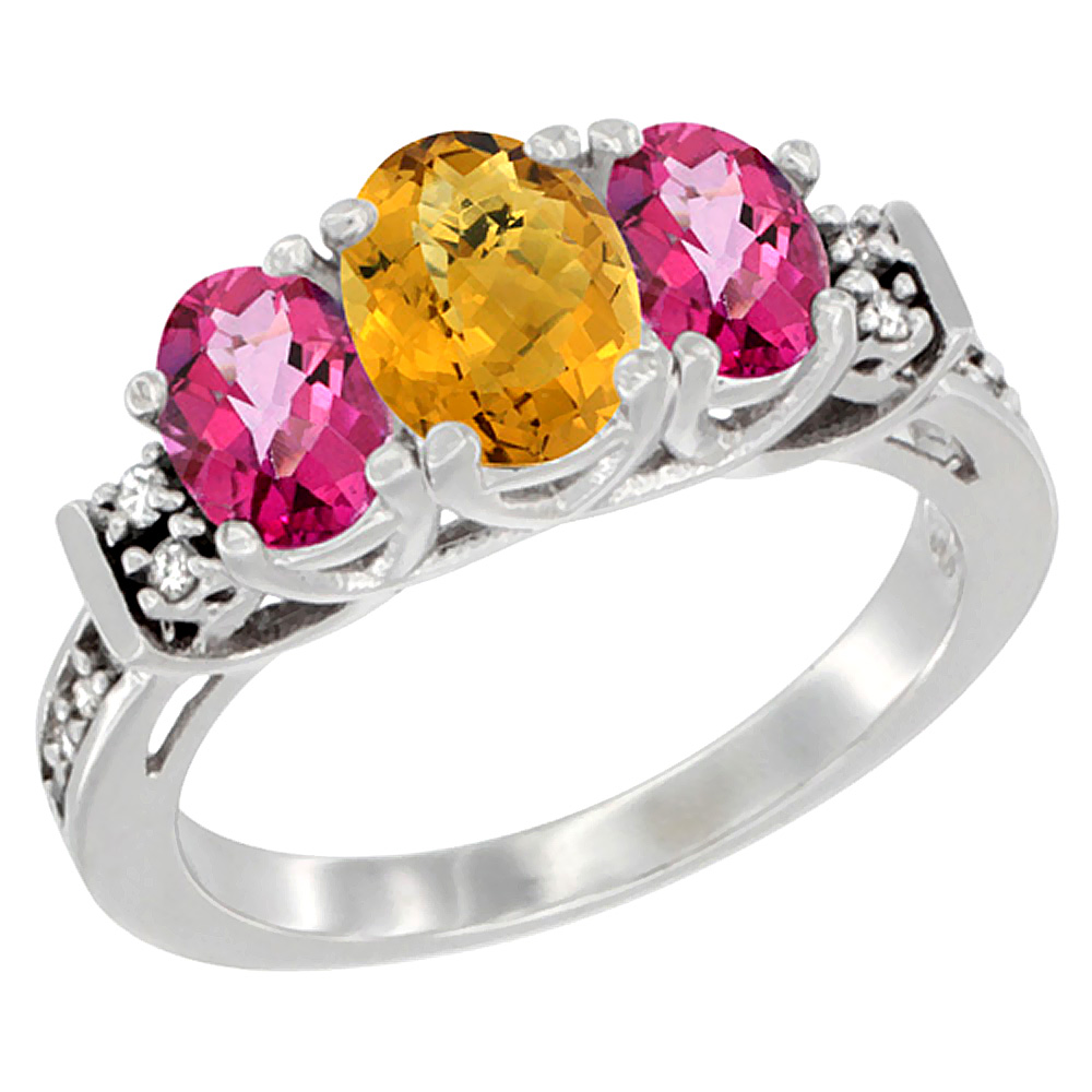 10K White Gold Natural Whisky Quartz &amp; Pink Topaz Ring 3-Stone Oval Diamond Accent, sizes 5-10