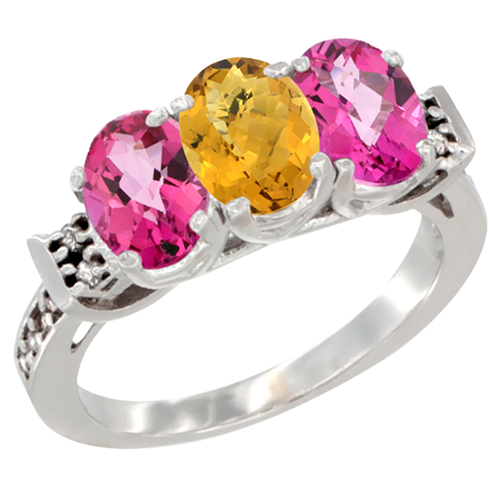 10K White Gold Natural Whisky Quartz & Pink Topaz Sides Ring 3-Stone Oval 7x5 mm Diamond Accent, sizes 5 - 10