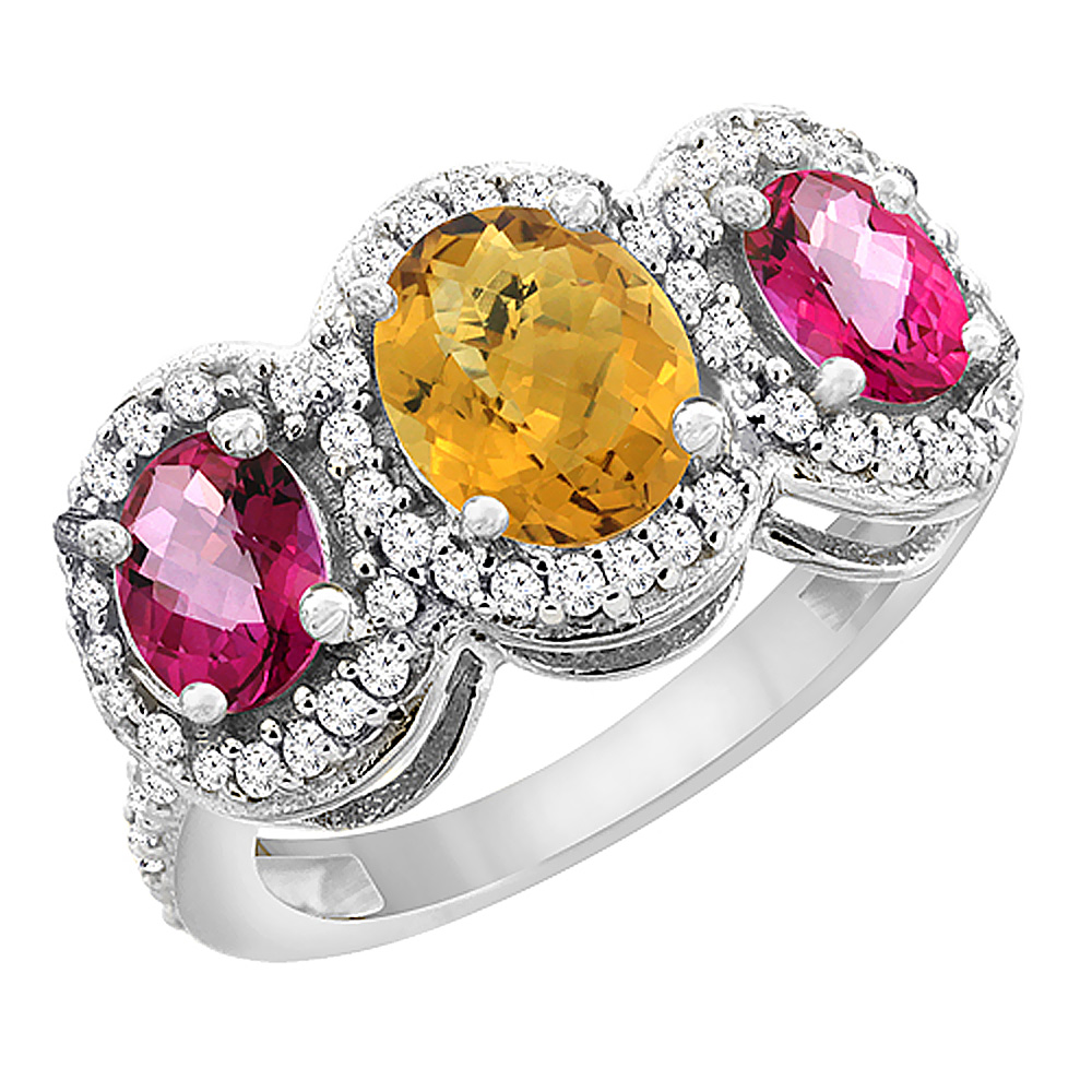 10K White Gold Natural Whisky Quartz & Pink Topaz 3-Stone Ring Oval Diamond Accent, sizes 5 - 10