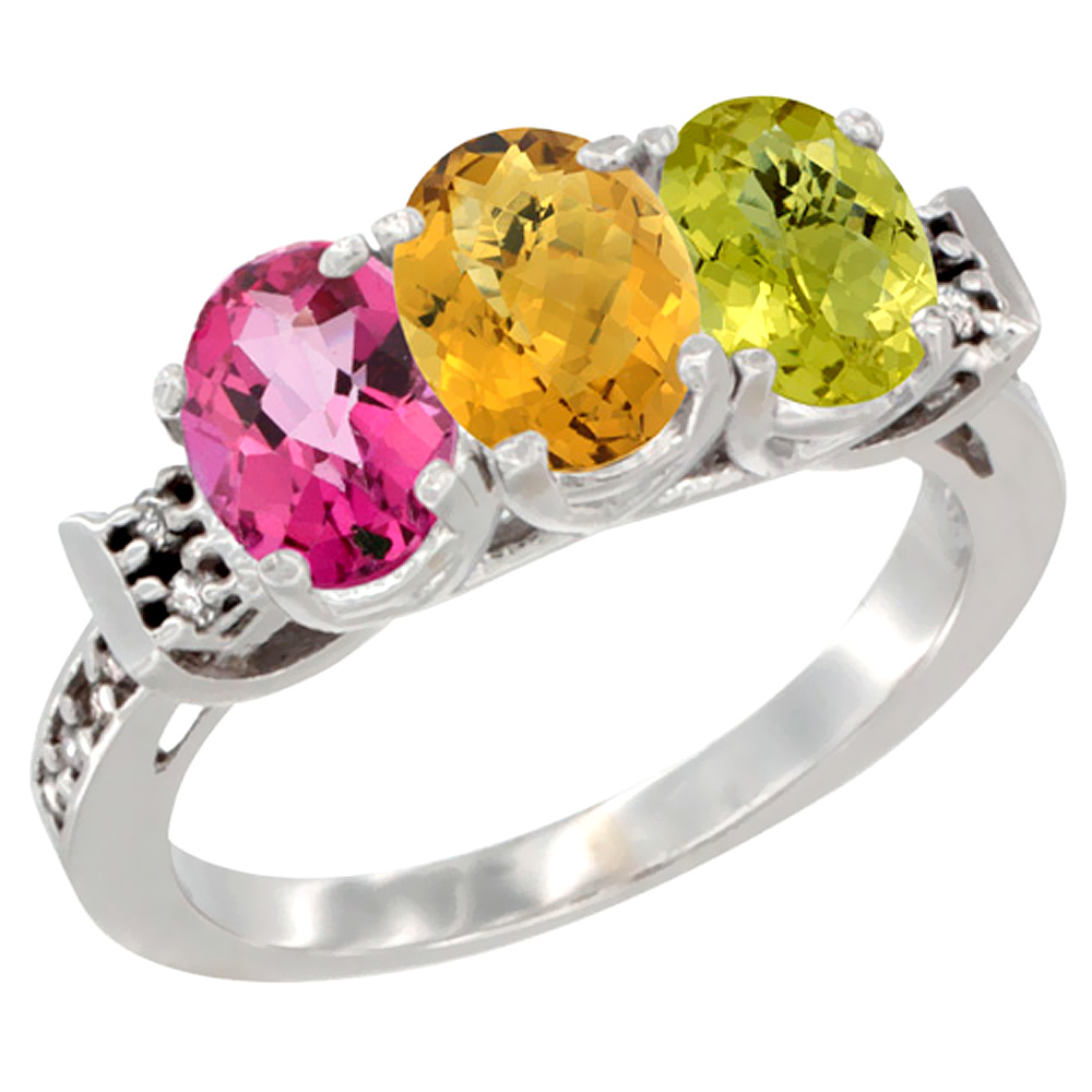 10K White Gold Natural Pink Topaz, Whisky Quartz &amp; Lemon Quartz Ring 3-Stone Oval 7x5 mm Diamond Accent, sizes 5 - 10