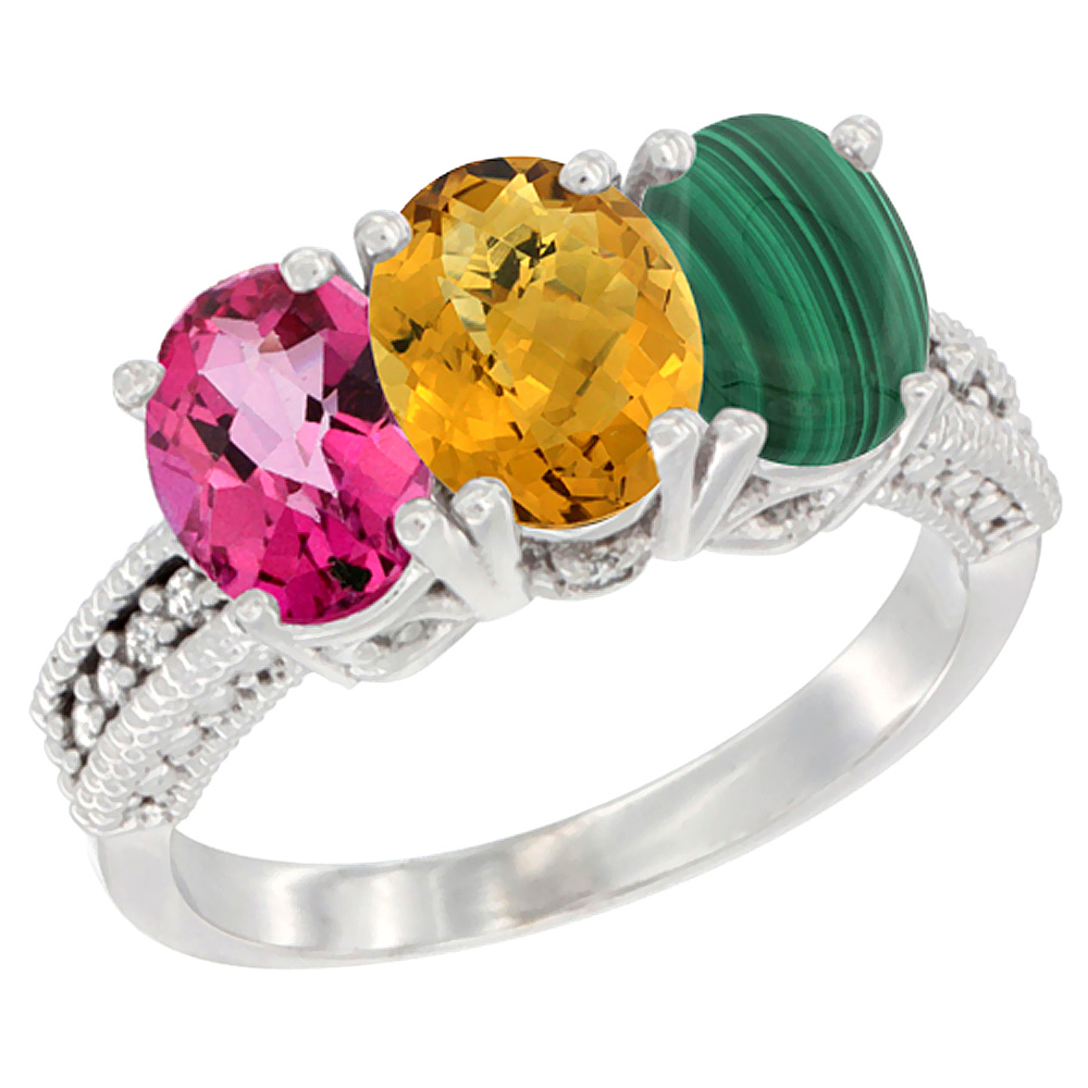 10K White Gold Natural Pink Topaz, Whisky Quartz & Malachite Ring 3-Stone Oval 7x5 mm Diamond Accent, sizes 5 - 10