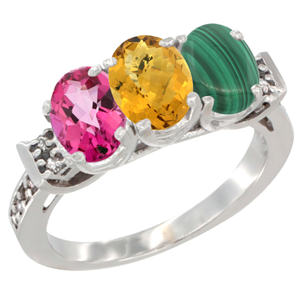 10K White Gold Natural Pink Topaz, Whisky Quartz &amp; Malachite Ring 3-Stone Oval 7x5 mm Diamond Accent, sizes 5 - 10