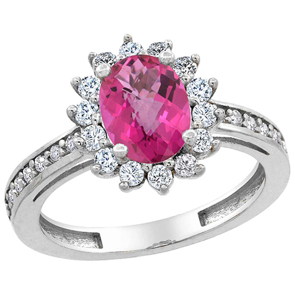 10K White Gold Natural Pink Topaz Floral Halo Ring Oval 8x6mm Diamond Accents, sizes 5 - 10