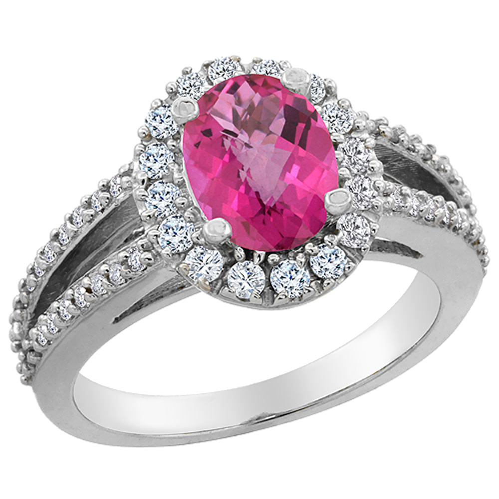 10K White Gold Natural Pink Topaz Halo Ring Oval 8x6 mm with Diamond Accents, sizes 5 - 10