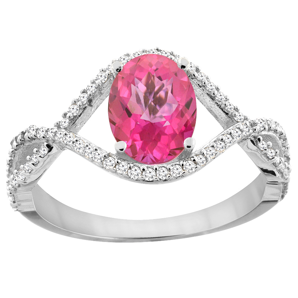 14K White Gold Natural Pink Topaz Ring Oval 8x6 mm Infinity Diamond Accents, sizes 5 - 10