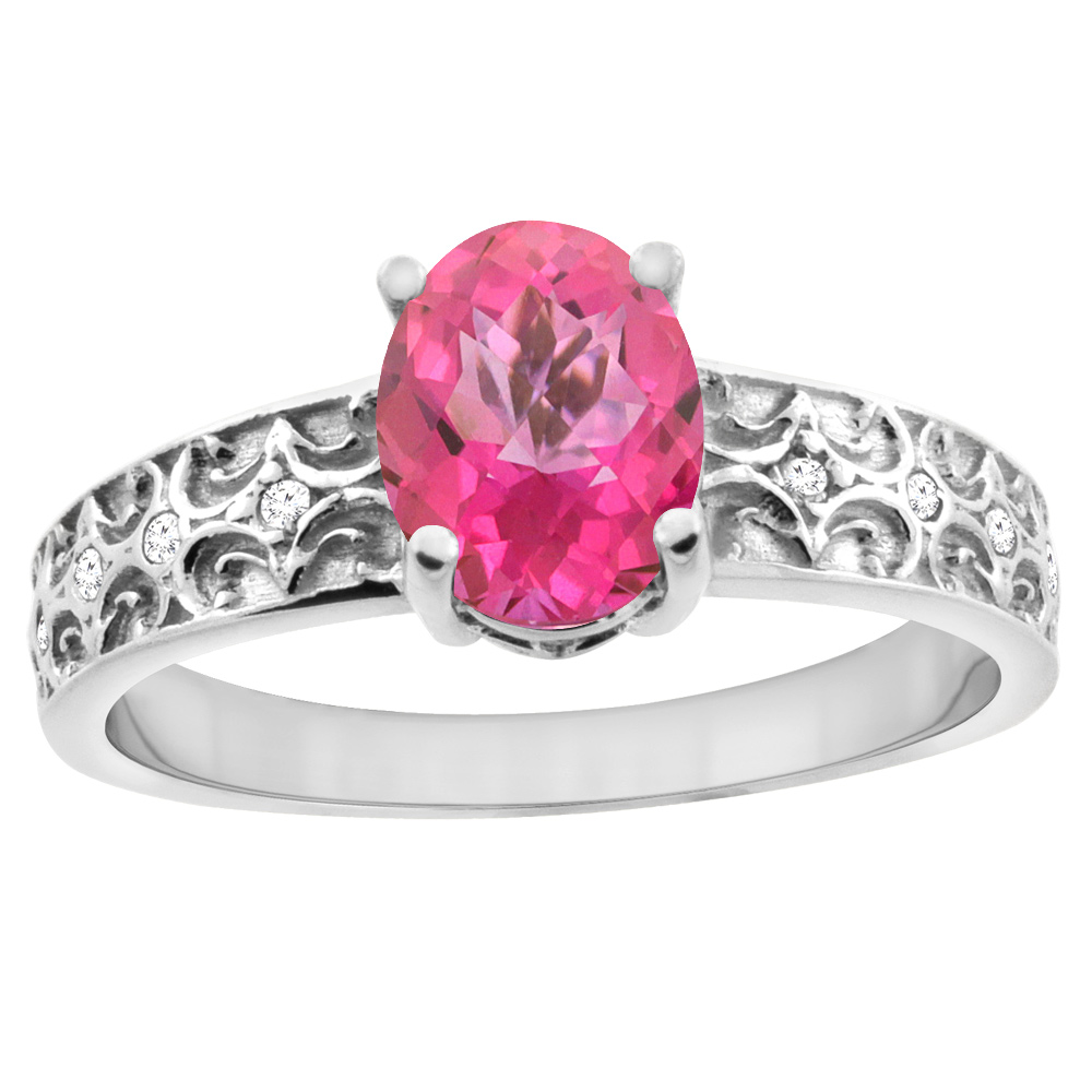 14K White Gold Natural Pink Topaz Ring Oval 8x6 mm Diamond Accents, sizes 5 - 10