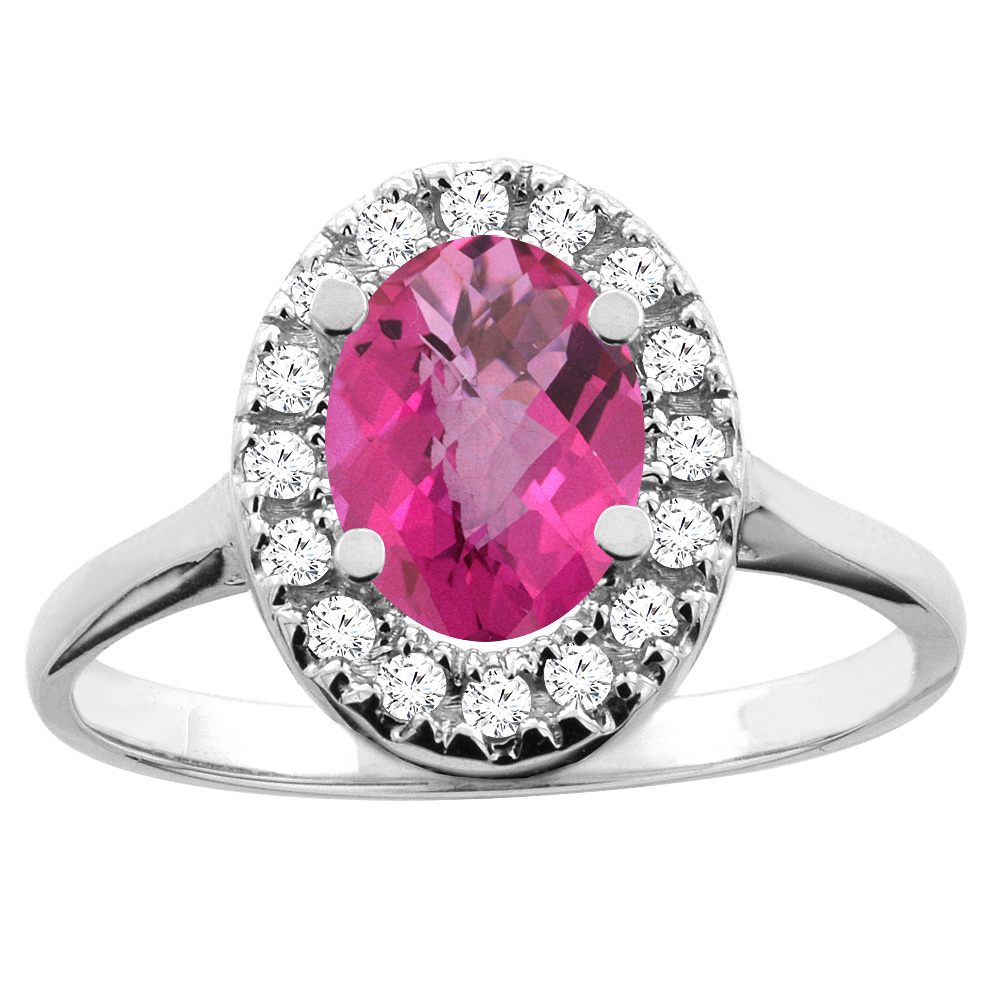 14K White/Yellow Gold Natural Pink Topaz Ring Oval 8x6mm Diamond Accent, sizes 5 - 10