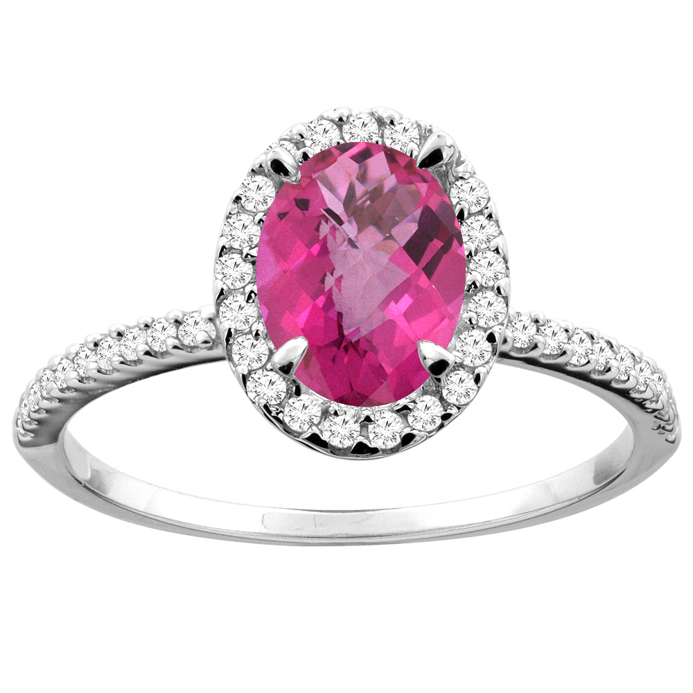 14K White/Yellow Gold Natural Pink Topaz Ring Oval 8x6mm Diamond Accent, sizes 5 - 10