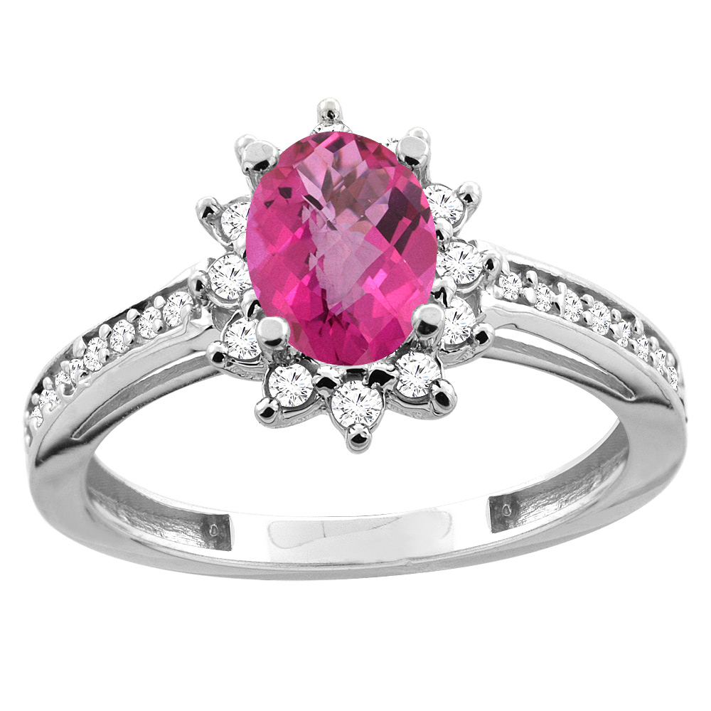 14K White/Yellow Gold Diamond Natural Pink Topaz Floral Halo Engagement Ring Oval 7x5mm, sizes 5 - 10
