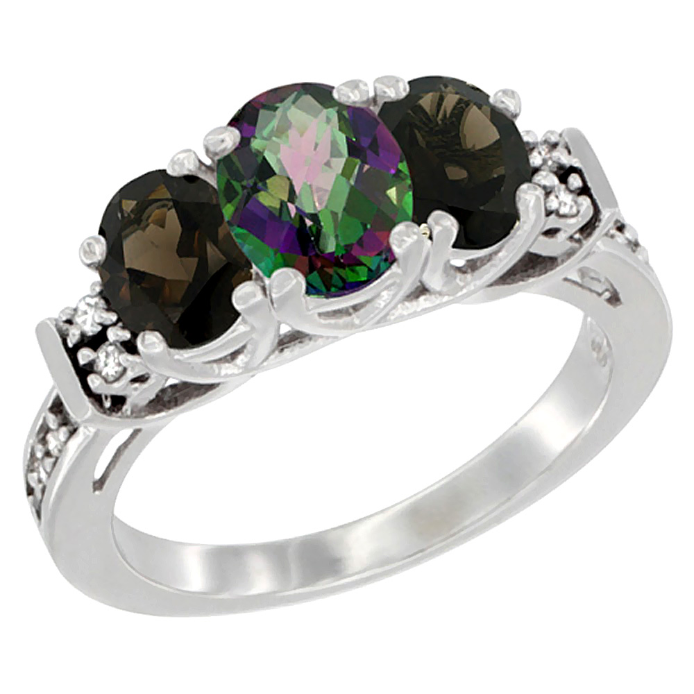 10K White Gold Natural Mystic Topaz & Smoky Topaz Ring 3-Stone Oval Diamond Accent, sizes 5-10