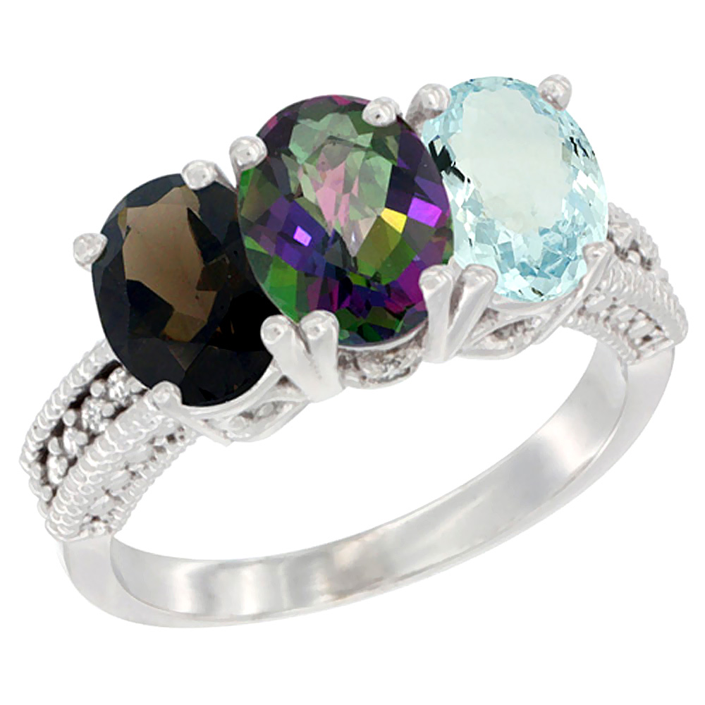 10K White Gold Natural Smoky Topaz, Mystic Topaz & Aquamarine Ring 3-Stone Oval 7x5 mm Diamond Accent, sizes 5 - 10