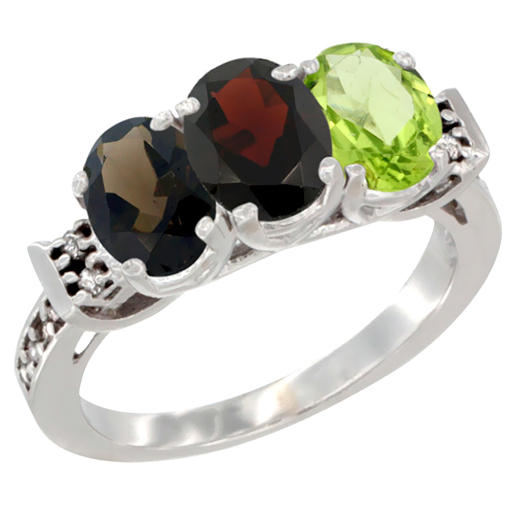 10K White Gold Natural Smoky Topaz, Garnet & Peridot Ring 3-Stone Oval 7x5 mm Diamond Accent, sizes 5 - 10