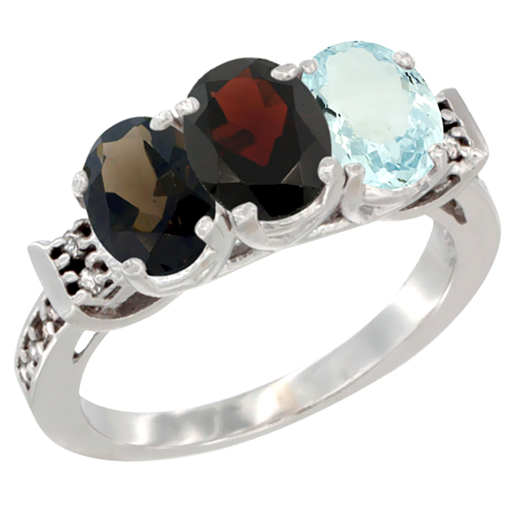 10K White Gold Natural Smoky Topaz, Garnet & Aquamarine Ring 3-Stone Oval 7x5 mm Diamond Accent, sizes 5 - 10