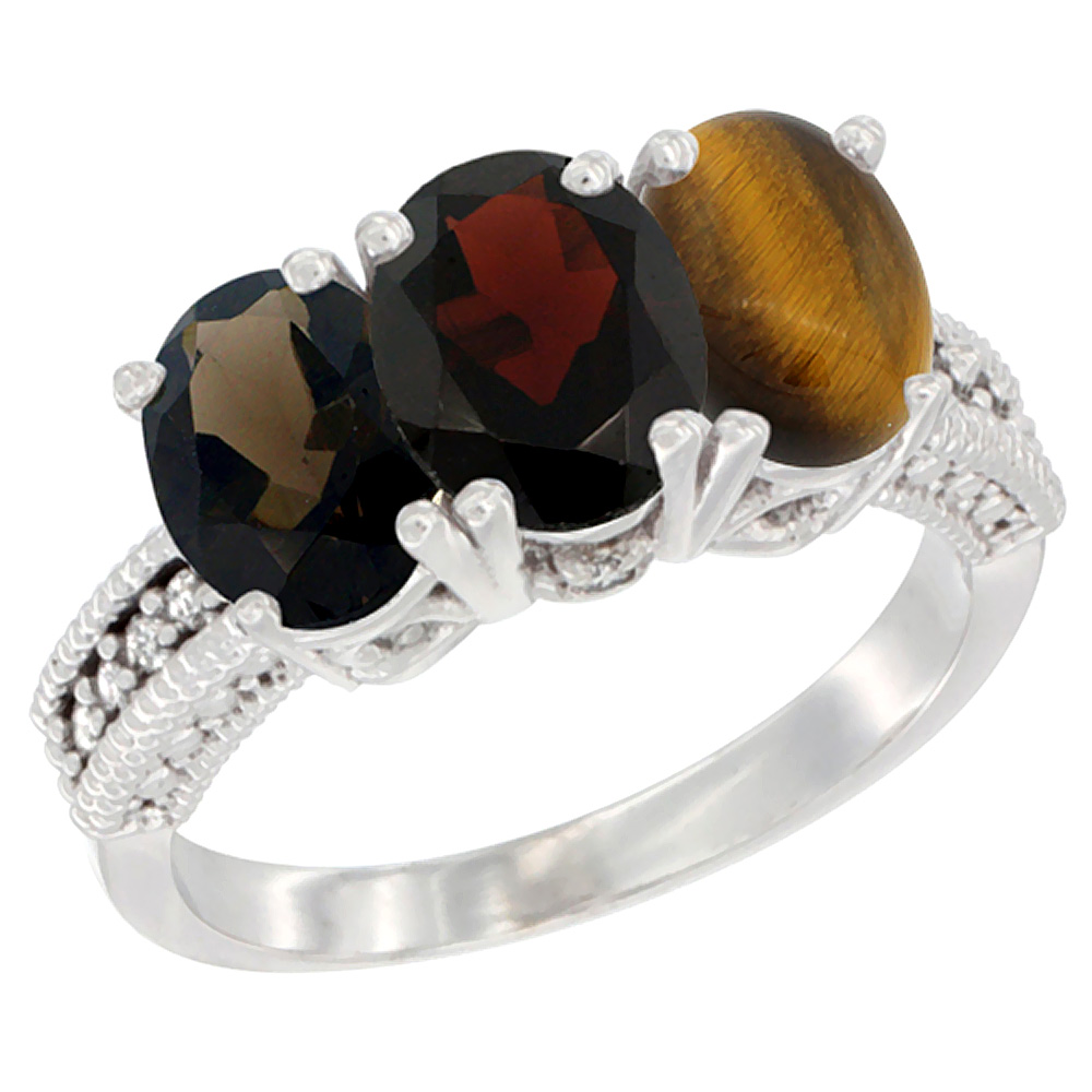 10K White Gold Natural Smoky Topaz, Garnet &amp; Tiger Eye Ring 3-Stone Oval 7x5 mm Diamond Accent, sizes 5 - 10