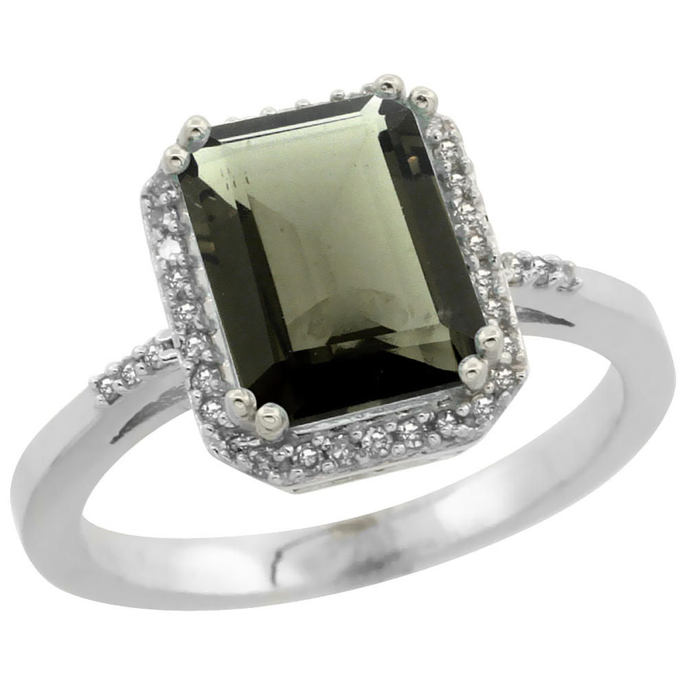 10K White Gold Diamond Natural Smoky Topaz Ring Emerald-cut 9x7mm, sizes 5-10