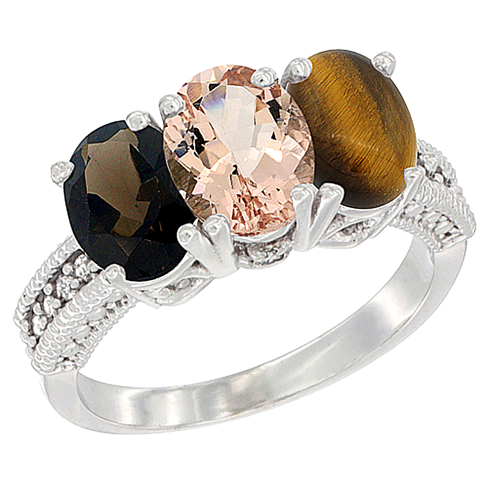 10K White Gold Natural Smoky Topaz, Morganite & Tiger Eye Ring 3-Stone Oval 7x5 mm Diamond Accent, sizes 5 - 10