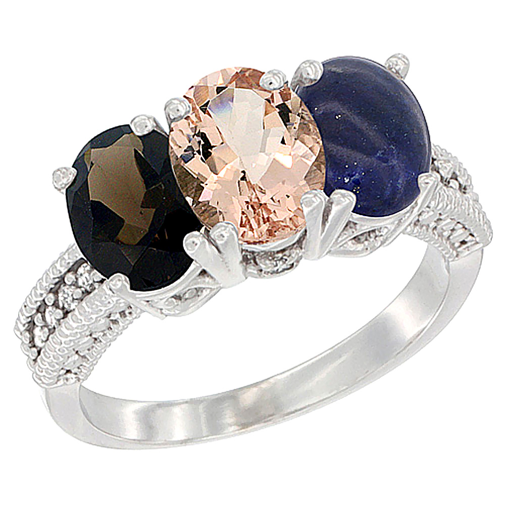 10K White Gold Natural Smoky Topaz, Morganite & Lapis Ring 3-Stone Oval 7x5 mm Diamond Accent, sizes 5 - 10