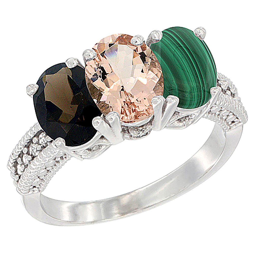 10K White Gold Natural Smoky Topaz, Morganite & Malachite Ring 3-Stone Oval 7x5 mm Diamond Accent, sizes 5 - 10