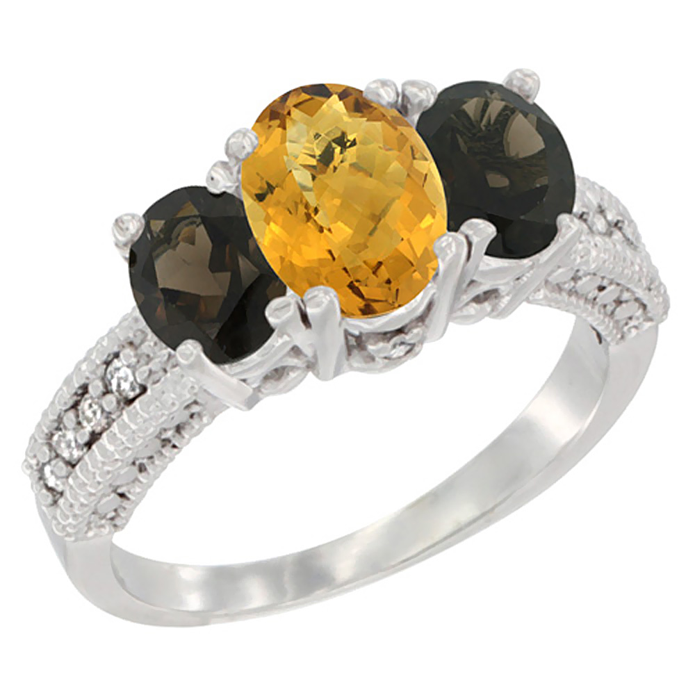 10K White Gold Diamond Natural Whisky Quartz Ring Oval 3-stone with Smoky Topaz, sizes 5 - 10