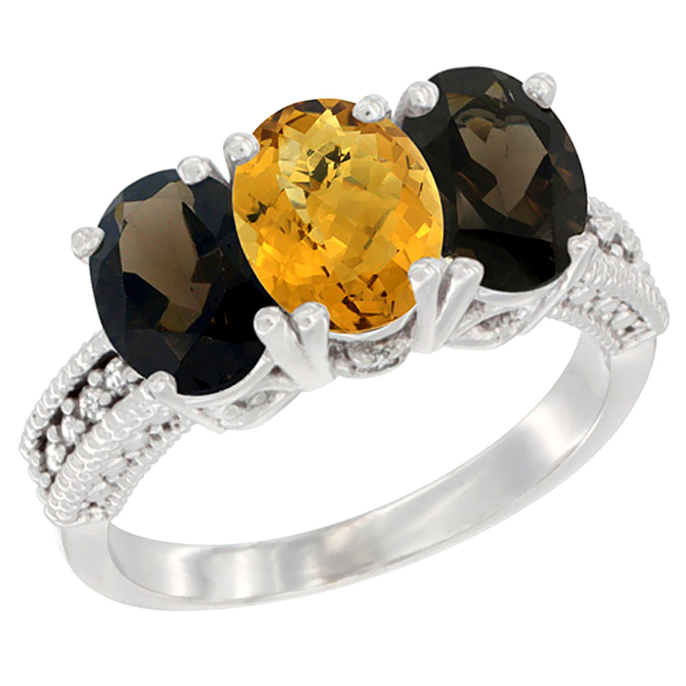 10K White Gold Natural Whisky Quartz &amp; Smoky Topaz Sides Ring 3-Stone Oval 7x5 mm Diamond Accent, sizes 5 - 10