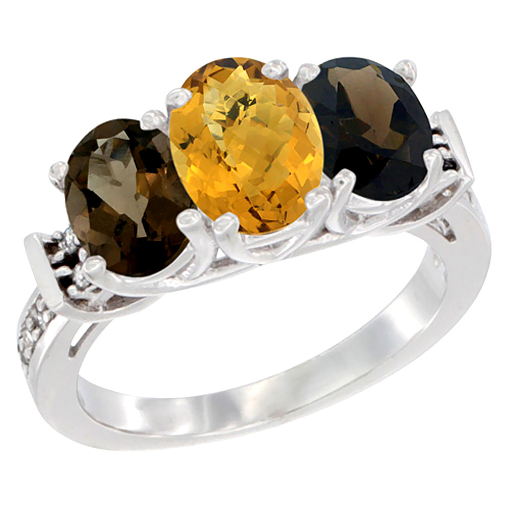 10K White Gold Natural Whisky Quartz &amp; Smoky Topaz Sides Ring 3-Stone Oval Diamond Accent, sizes 5 - 10